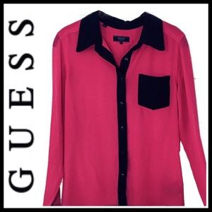 GUESS LA Blouse Button Down Up Hot Pink Small NWOT